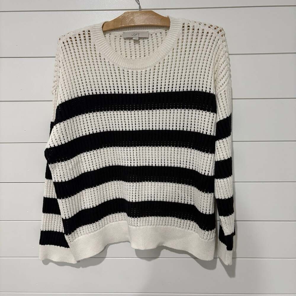 Ann Taylor LOFT | Sweater White Black Pullover Long Sleeve Open Knit- Medium